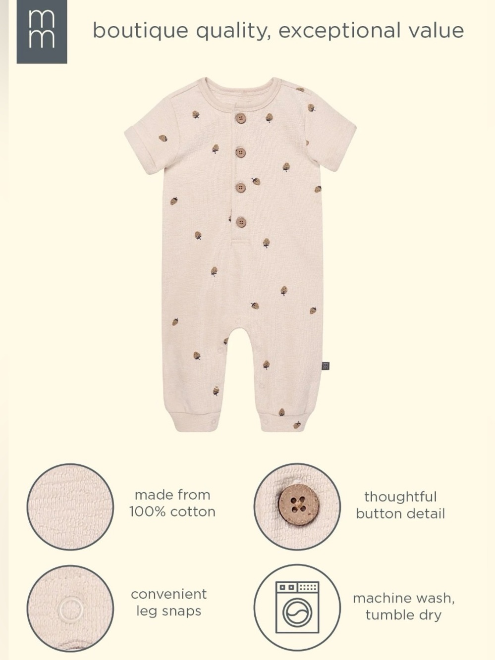 Modern Moments Girls 3-6M Tan Strawberry Cotton Henley Romper Boho Lightweight - Picture 15 of 15